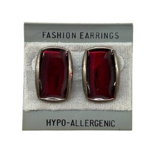 Vintage Fashion Earrings Post Pierced Red Silvertone 1 Inch